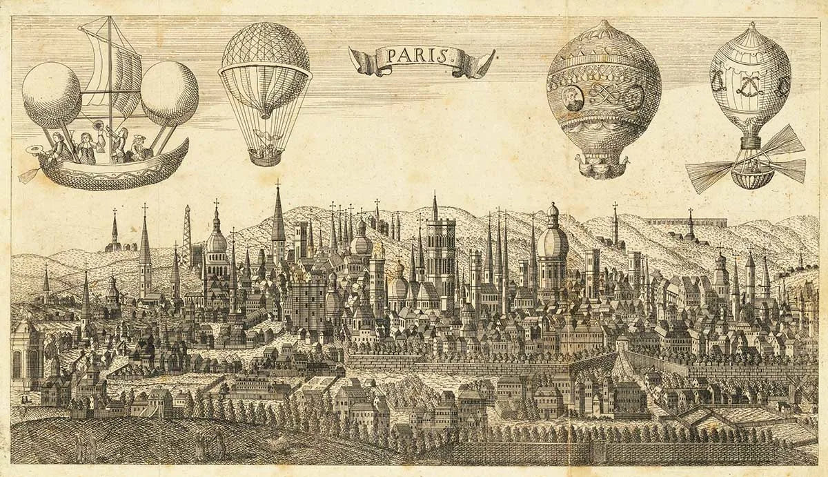 Hot air balloon ride over paris in the 18th century